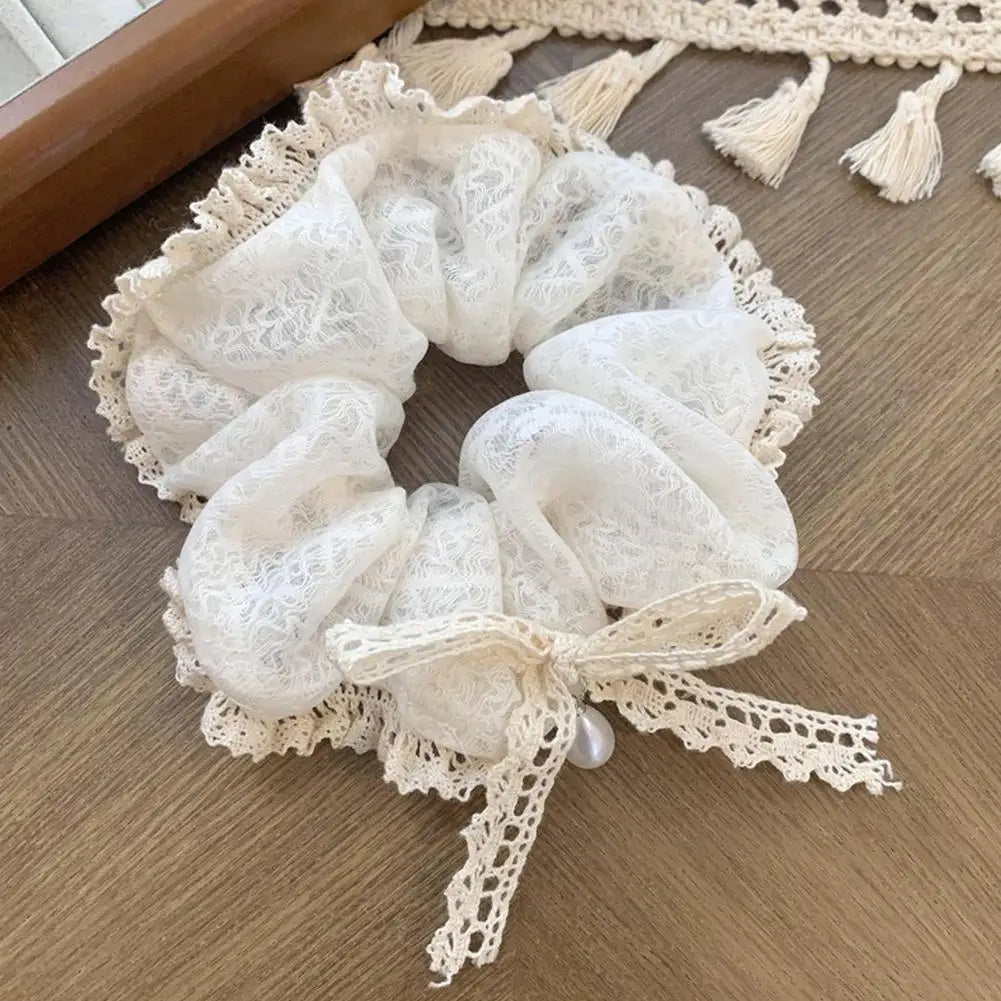 French Lace Pearl Rose Flower Elastics Hair Band For Women Cream White Scrunchies Hair Ties Ponytail Holder Hair Accessories