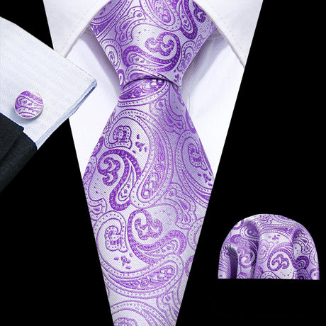 Male Gift Silk Men Tie Set Purple Violet Solid Paisley Striped Wedding Business Tie for Man Necktie Handky Cufflinks Barry.Wang