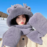 2023 New Fashion Scarf Hat Glove Women Cute Big Ear Bunny Beanie Winter Warm Soft Thickening Pocket Warm Ear Hats Hooded Skullie