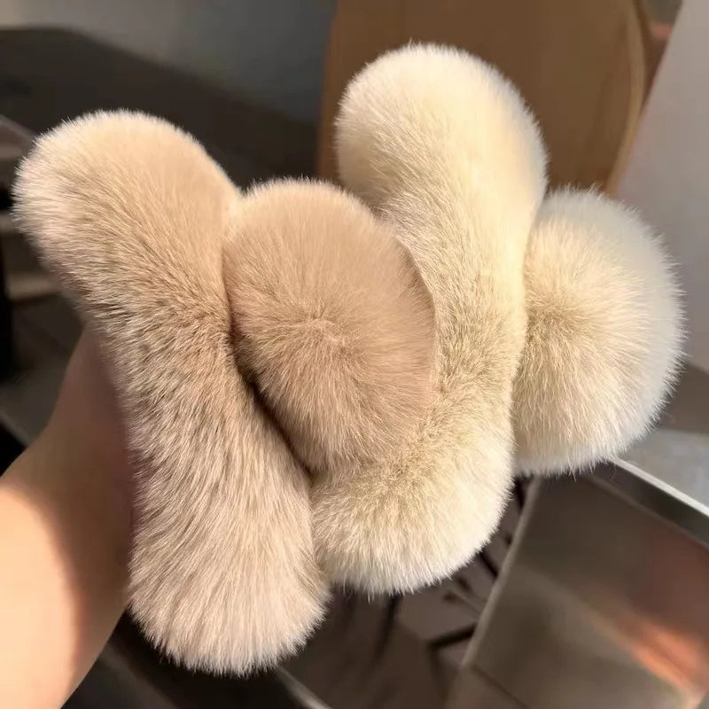 Vintage Women Large Real Otter Rabbit Plush Hair Clip Korea Autumn and Winter Elegant Shark Claw Girl Sweet Hair Accessories