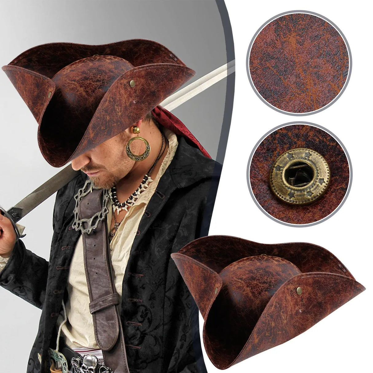 Faux Leather Pirate Hat Captain Hat Brown for Adult Men Women Cosplay Costume Accessories Exquisite Photography Props