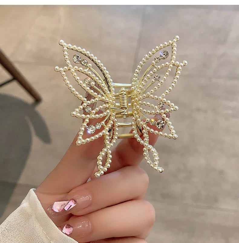Kiss Jewelry Luxury Butterfly Hair Claw Clip Gold Plated Rhinestone Pearl Hairpin Women Korean Fashion Headwear Hair Accessories