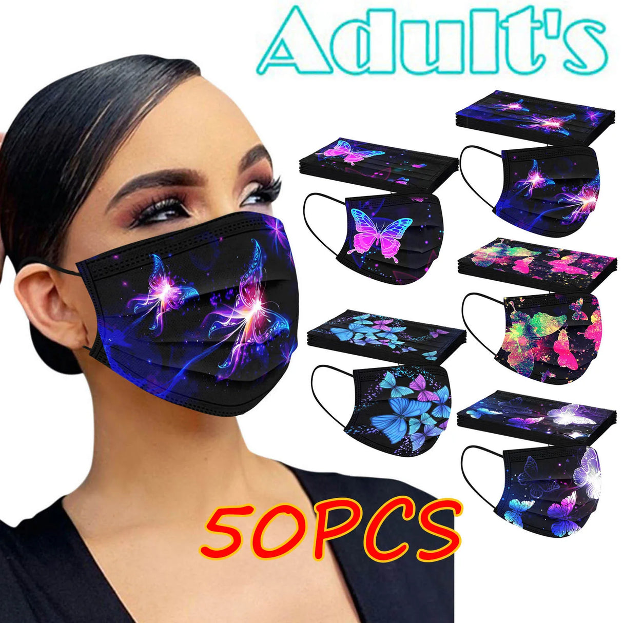 50pcs Mask Adult Net Yarn Flowers Four-Layer Disposable Protective Printing Mask Mouth Face Mask Breathable Earloops