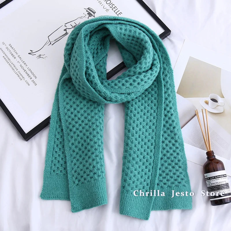 Autumn Winter Ladies Fashion Korean Style Walf Checks Knitted Scarf Solid Colour Women Long Warm Thick Neckerchief