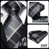 Hi-Tie Designer Grey Plaid Novelty Silk Wedding Tie For Men Handky Cufflink Gift Mens Necktie Fashion Business Party Dropshiping