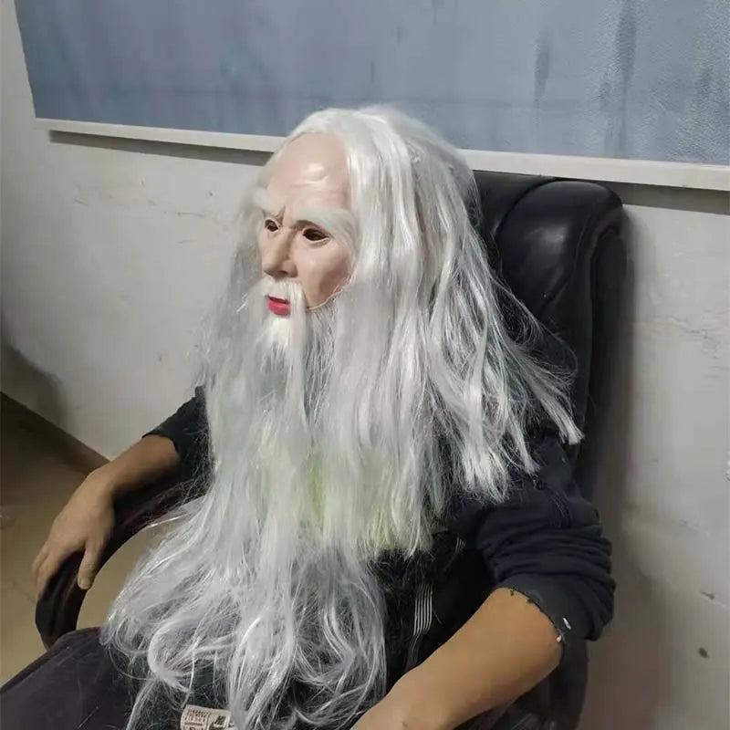 Funny White Hair Wizard Mask White Beard Grandpa Head Cover Santa Latex Role Play Props Halloween Props