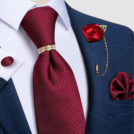 Luxury Red Solid Paisley Silk Ties for Men with Tie Ring Brooch Pin Wedding Party Men Accessories Handkerchief Cufflinks Gift