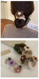Newest Korean Woman Cute Plush Flower Hairband Elastics Hair Band Scrunchies Hair Ties Ladies Ponytail Hold Hair Accessories