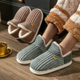 Winter Couple Style Concise Stripes Wrap Heels Plush Slippers Ladies' Non-slip Soft Warm Flip Flops Men Home Casual Cotton Shoes