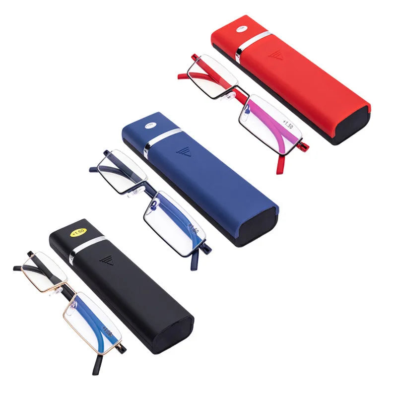Men Women Metal Blue Light Blocking Reading Glasses with Case TR90 Half Frame HD Prescription Eyewear Presbyopia Diopter