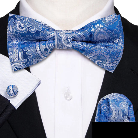 Barry.Wang Navy Royal Sky Blue Silk Mens Bow Tie Jacquard Paisley Floral Pre-Tied Bowtie Hanky Cufflinks Set Wedding Business