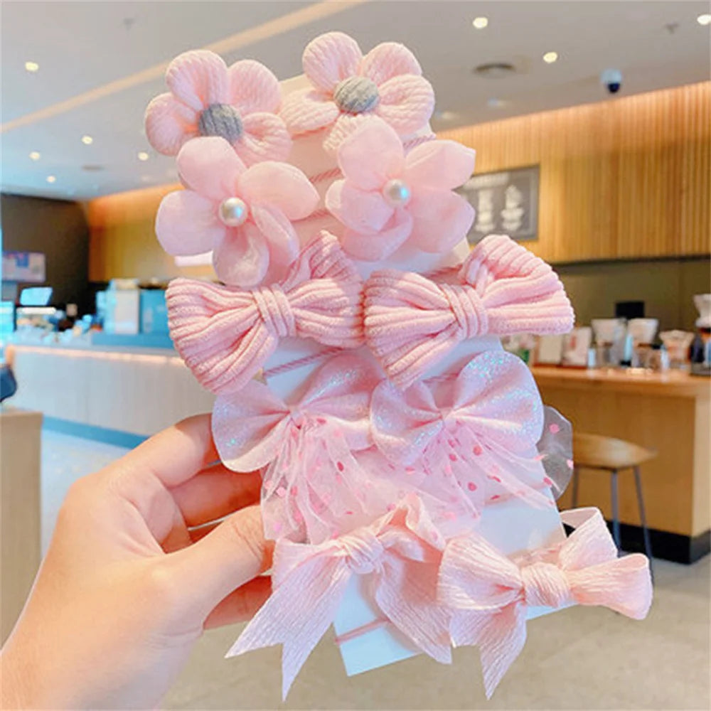 10pcs/set Flower Bowknot Elastics Hair Ties for Girl Children Cute Rubber Bands DIY Colorful Hair Bands Hair Accessories