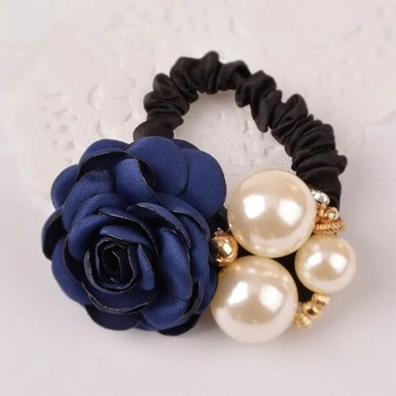 Pearl Rose Flower Hair Elastics Bands Hair Ties Stretchy Rubber Hairbands Floral Headbands Scrunchies Ponytail Holder