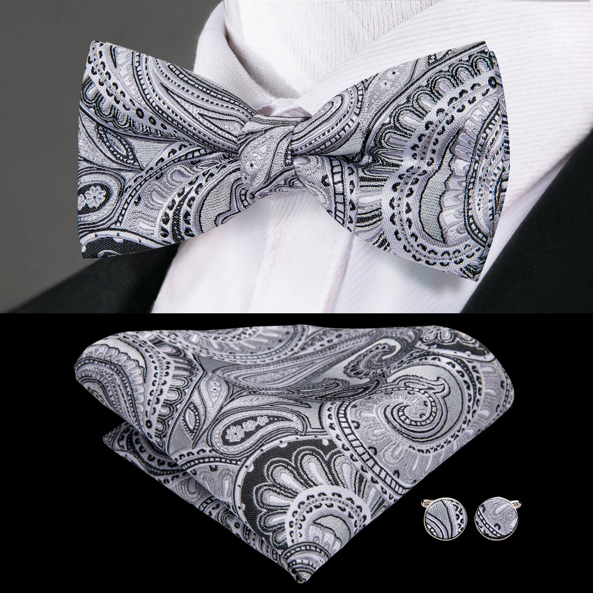 Hi-Tie Brand Silk Pre-tied Men's Bow Tie Hanky Cufflinks Set Bowtie for Male Jacquard Solid Paisley Floral Wedding Business Gift