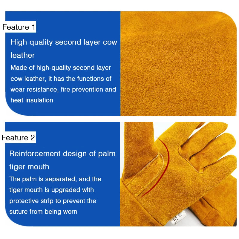 1 Pair Labor Protection Cowhide Gloves Double-layer Yellow Safety Welding Wear-resistant Gloves Personal Protective Equipment