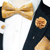 Champagne Silk Jacquard Paisley Mens Bow Tie Brooch Hanky Cufflinks Set Pre-tied Butterfly Knot Bowtie for Male Wedding Business