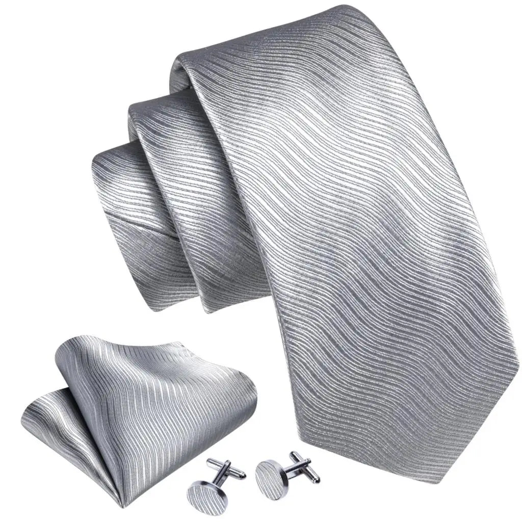 Fashion Mens Ties Set Silk Gray Black Silver White Striped Plaid Solid Paisley Floral Neck Tie Hankderchief Cufflinks Barry·Wang