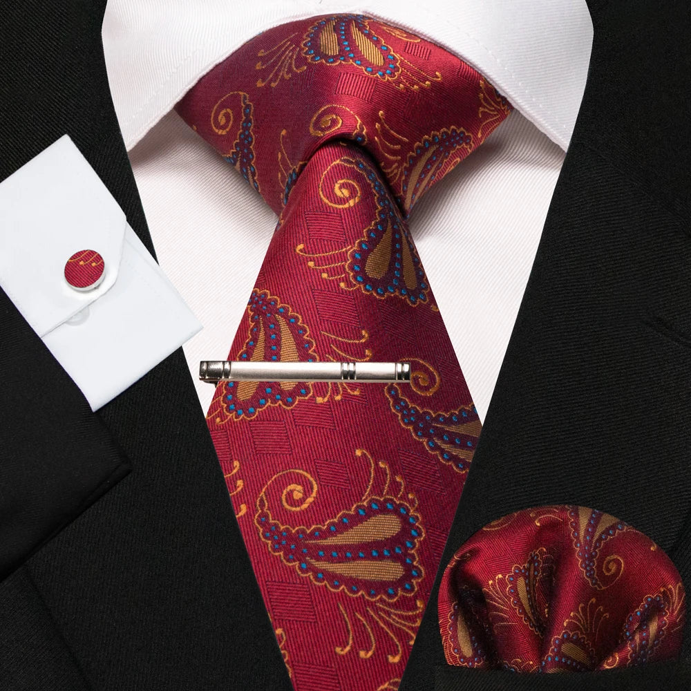 KAMBERFT New Classic Silk Men's Tie Red Gold Striped Men's Tie Handkerchief Cufflinks Set Wedding Business Party Gravatas