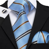 New Blue Silk Ties High Quality For Men Classic Plaid Woven Handkerchife Cufflinks Sets Groom Wedding Designer Barry.Wang 1535