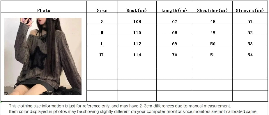 Y2K Hole Star Print T-Shirt Women Fashion Streetwear Off Shoulder Tops Summer Oversized Kpop Long Sleeve Loose Tees Ladies New
