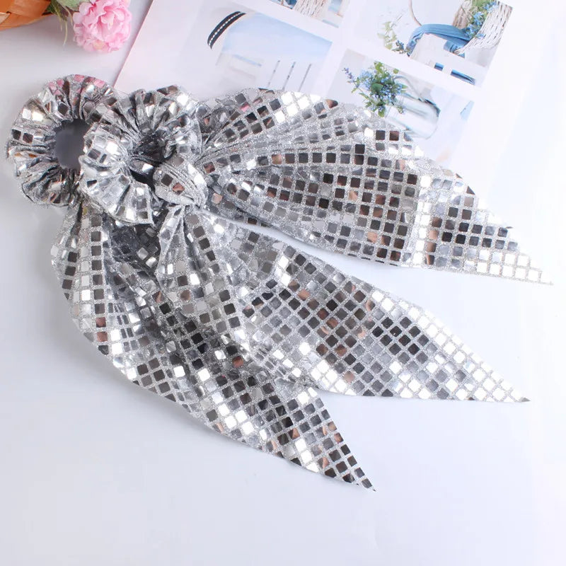 New Disco Party Favors Elastics Glitter Sequin Hair Bands with Bow Elastic Bands Ponytail Tie Hair Scarf Headwear