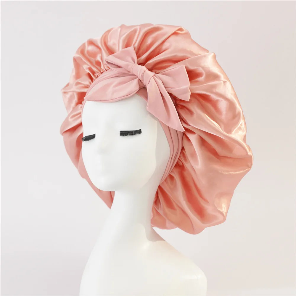 New Satin Sleeping Cap For Women Solid Wide Band Stretch Head Tie Silky Bonnet Edge Wrap Nightcap Hair Care Shower Head Cover