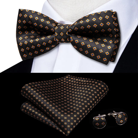 Hi-Tie Black White Silver Grey Brown Silk Mens Bow Tie Hankerchief Cufflinks Set Pre-tied Butterfly Knot Adjustable Bowtie Male