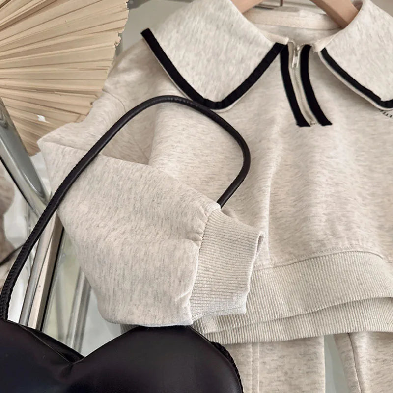 Ensemble deux pièces décontracté pour fille, style coréen, printemps-automne, col poupée, sweat à capuche et pantalon à manches longues, 3-7 ans