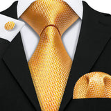 Classic Gold Silk Men Necktie Fashion Stripe High Quality Handkerchief Cufflinks Set Wedding Male Ties Business Party Barry.Wang