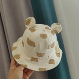 Korea Cotton Baby Bucket Hat with Ears Boys Girls Cute Cartoon Bear Breathable Sun Fisherman's Hat Kids Outdoor Child Panama Cap