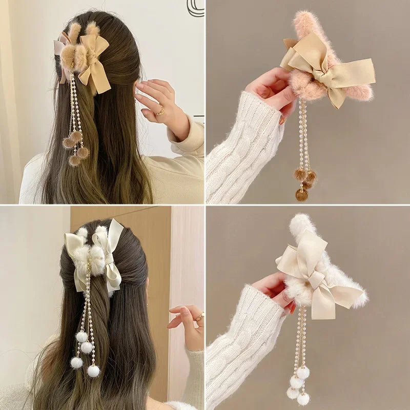 New Fashion Bow Tassel Pendant Hair Clips Korea Ponytail Plush Shark Claw Girls Fall and Winter Gift Hair Accessories