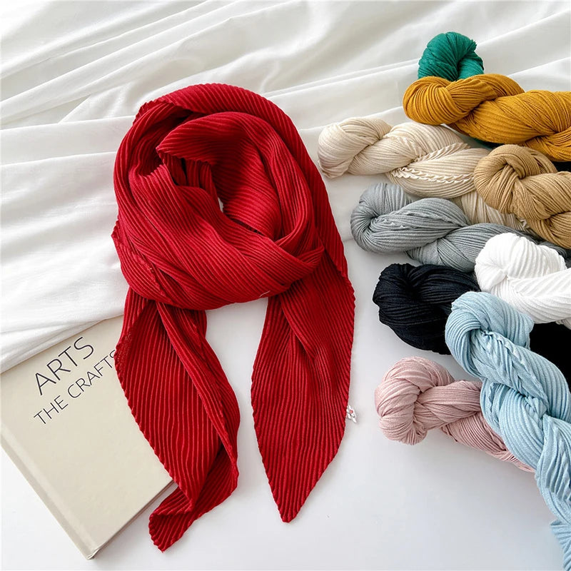 Crinkle Pleated Square Scarf Solid Color Scarf Shawl Women Muslim Hijab Cotton Viscose Lace Headscarf Thin Big Headscarf 90*90cm