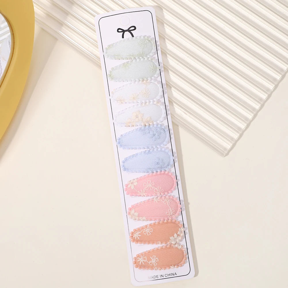 10Pcs/set 2.2'' Printed Embroidery Waterdrop Shape Hair Clips For Cute Girls BB Hairpin Barrettes Headwear Kids Hair Accessories