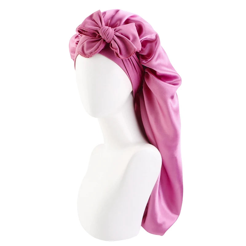 Women long Oversized Elastic Satin Bonnet Sleeping Cap With Ribbon Breathable Sleeping Cap Turban Sleep Headwear Bandanas