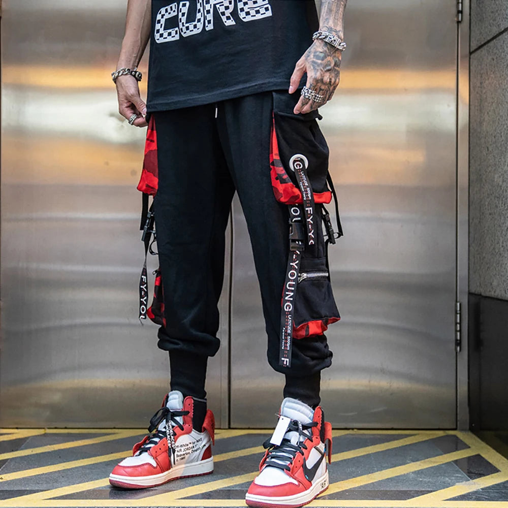 Letter Ribbons Cargo Pants Hip Hop Joggers Trousers Harajuku Casual Streetwear Hit Color Pocket Male Sweatpants Men's Harem Pant