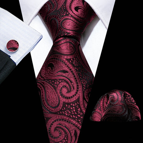 Red Silk Wedding Necktie Jacquard Woven Striped Ties For Men Tie Handkerchief Cufflink Set Barry.Wang Fashion Designer FA-5028