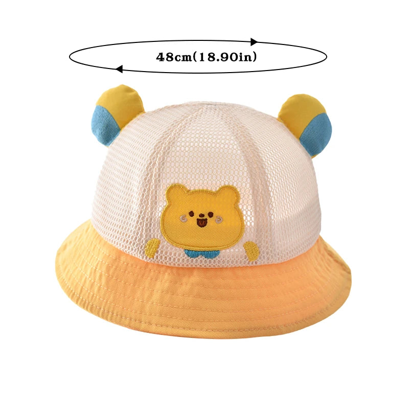 Summer Breathable Mesh Baby Hat Cute Bear Infant Boy Girl Bucket Hats Korean Cartoon Toddler Kids Casual Fisherman Cap