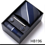 Brand Wholesale Tie Pocket Squares Cufflink Set Necktie Blue Striped Man Wedding Accessories Fit Workplace Holiday Gift Box