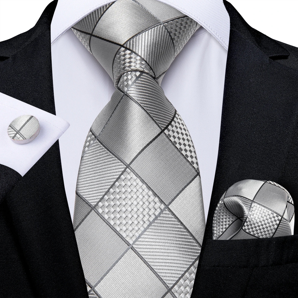 3Pcs Sliver Plaid Solid Grey Silk Men Tie Pocket Suqare Cufflinks 8cm Luxury Wedding Prom Accessories Gravats Gift for Husband