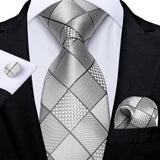 3Pcs Sliver Plaid Solid Grey Silk Men Tie Pocket Suqare Cufflinks 8cm Luxury Wedding Prom Accessories Gravats Gift for Husband