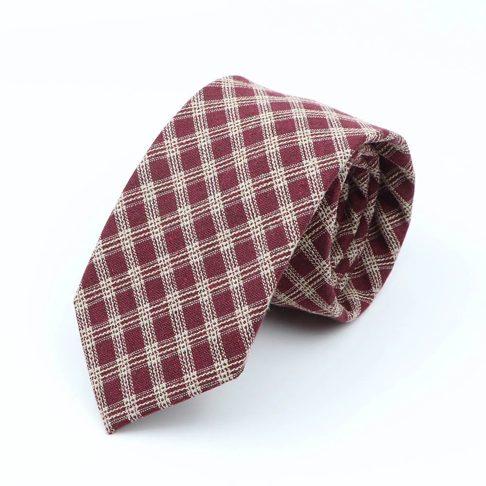 High Quality Mens 7cm Ties Classic Brown Red Striped Plaid Cotton Handmade Necktie Narrow Skinny Cravat Casual Tie Accessories