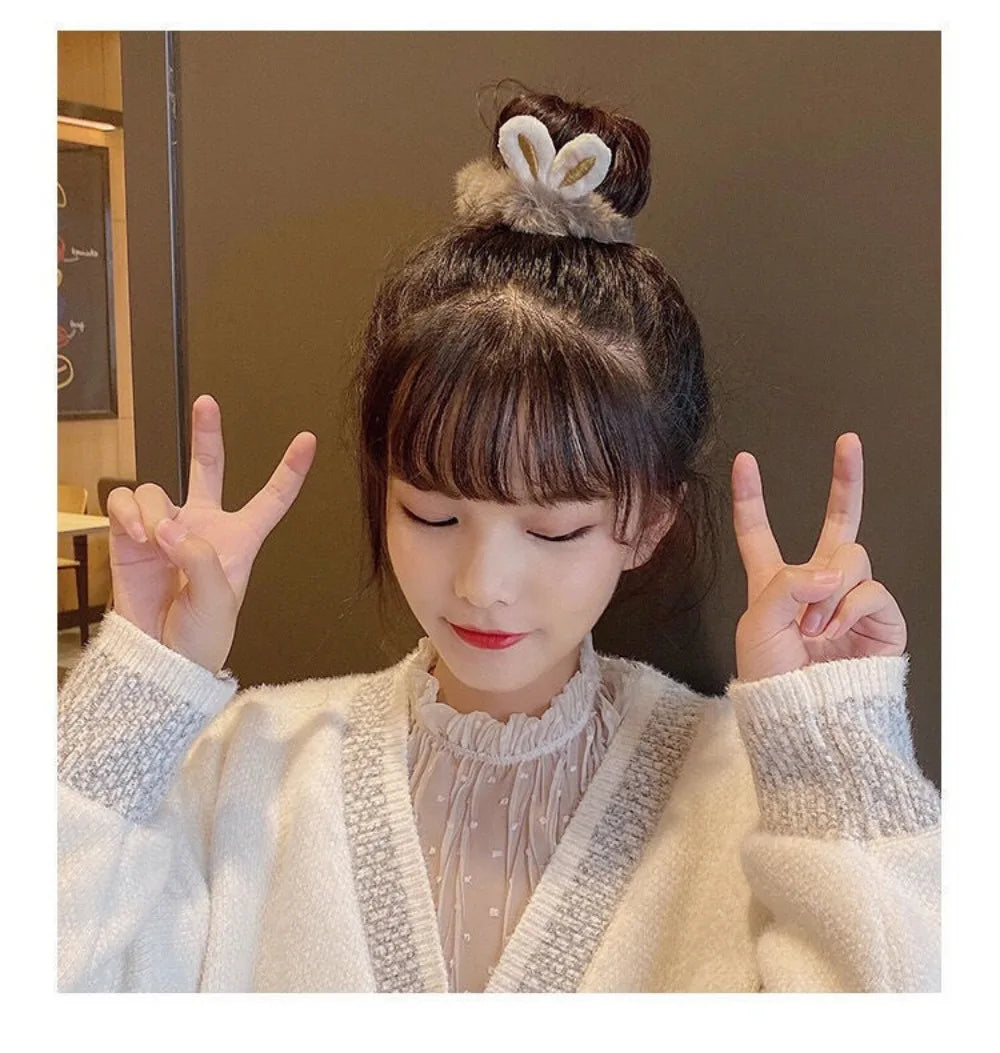 New Cute Khaki Elastic Rubber Band Hair Ties Plush Rabbit Ear Plush Hair Rope Girls Woman Scrunchies Headdress Hair Accessories
