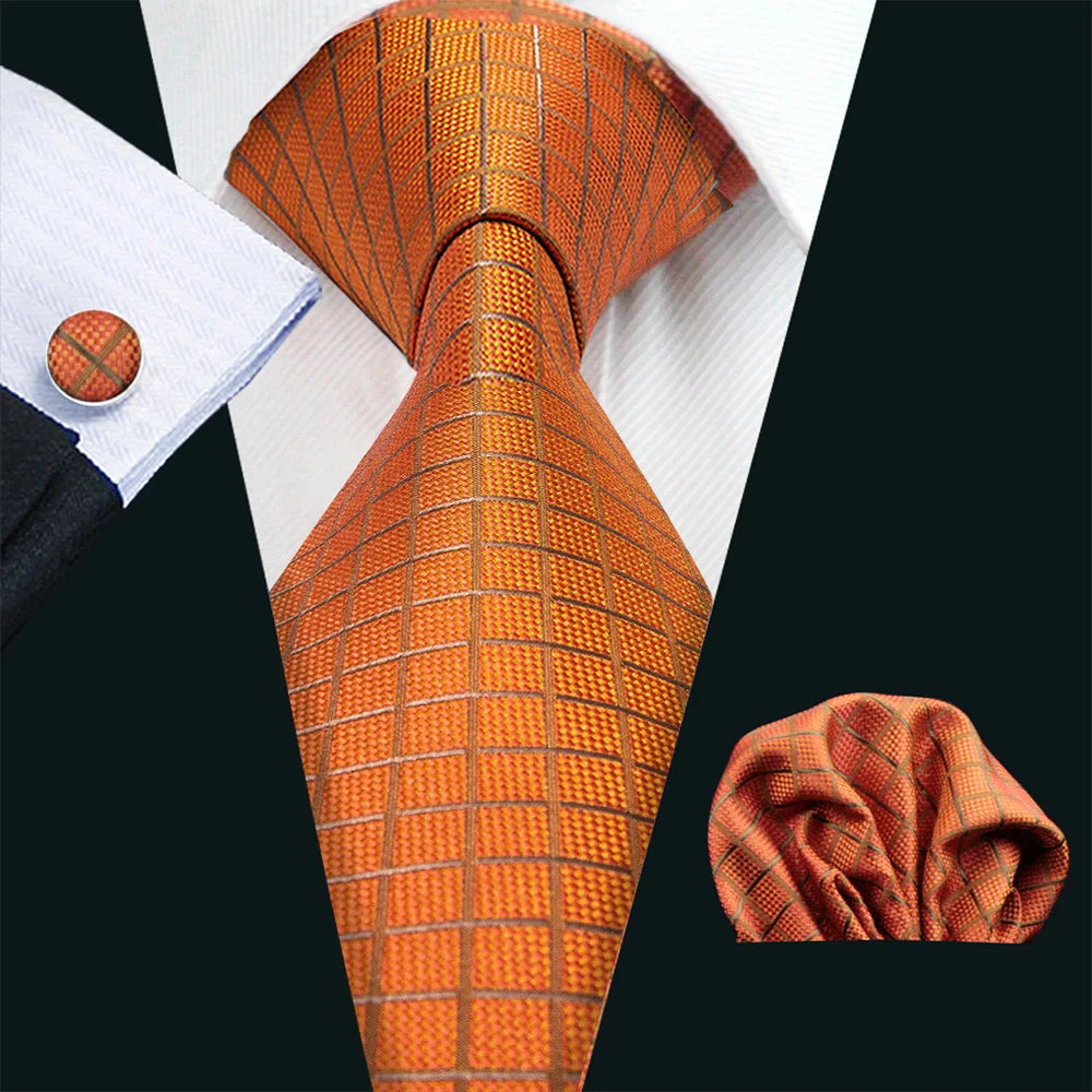 Barry.Wang Orange Silk Men Tie Hanky Cufflinks Set Jacquard Pink Purple Salmon Gold Necktie for Male Wedding Business Party Gift