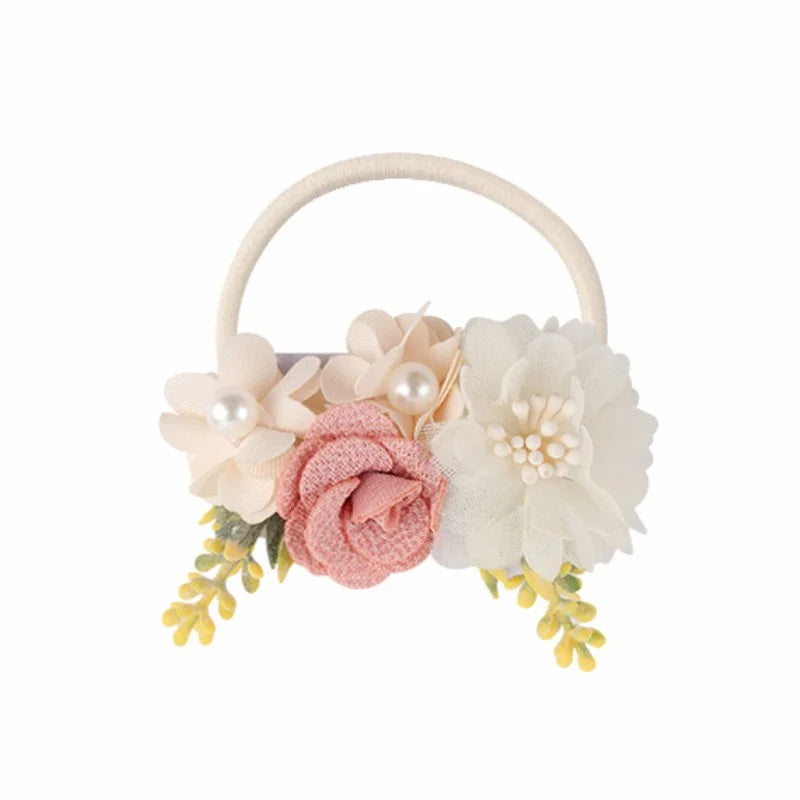 Handmade Flower Elastics Hair Ties For Kids Girls Stretchy Rubber Hairband Slim Headband Scrunchies Ponytail Holder Ring Loop