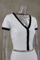2024 Summer Women White long Skirt Suit Short Sleeve V-neck crop top pleated set elegant dress 2 piece skirt set Plus Size S-3XL