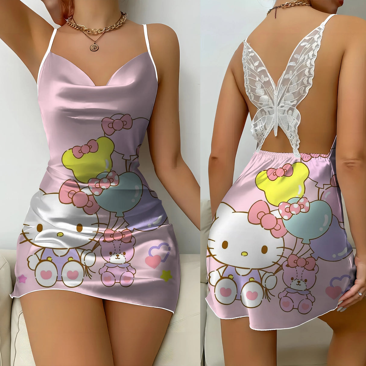 Mini Dress Pajama Skirt Hello Kitty Sexy Dresses Off Shoulder Bow Knot Satin Surface Womens Fashion Summer 2024 Short Party Lace