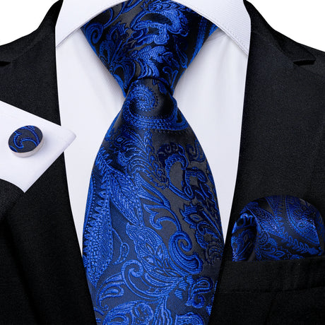 Elegant Blue Floral Paisley Men's 8cm Silk Tie Set with Pocket Square Cufflinks Business Suits Accessories Groom Wedding Cravat