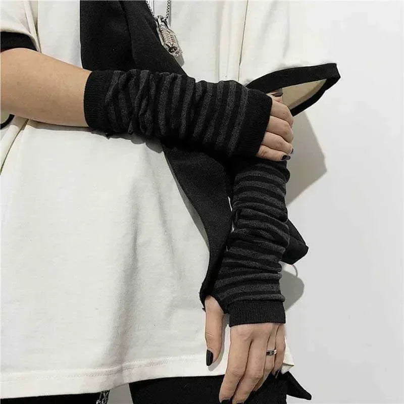 Y2K Gothic Lolita Gloves Arm Cover Harajuku Arm Warmers Black Grey Striped Fingerless Punk Long Wristband Metallic Unisex Gloves