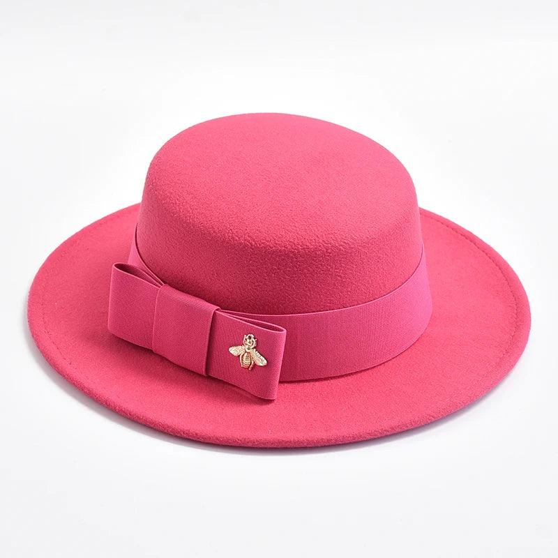 New Fedora Hat for Women Elegant Fashion Formal Wedding Decorate Church Cap Flat Top Bow Party Jazz Hat Chapeau Femme