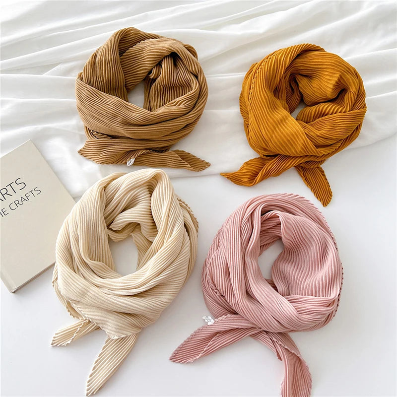 90cm Size Scarf Pleated Crinkle Women's Hijab Wrinkle Shawl Scarves Women Satin Scarf Neckerchief Square Skinny Hair Tie Band